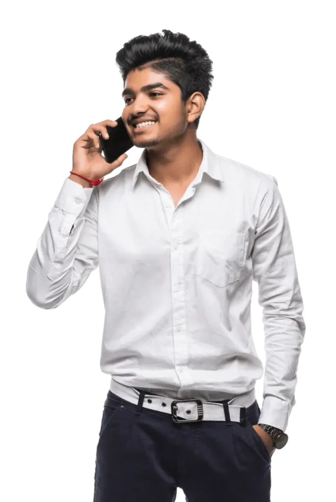 indian young businessman talking mobile phone white wall